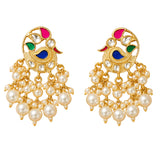 Indian peacock chandbali earrings in gold tone with pink green blue enamel clear stones and cream faux pearl strands