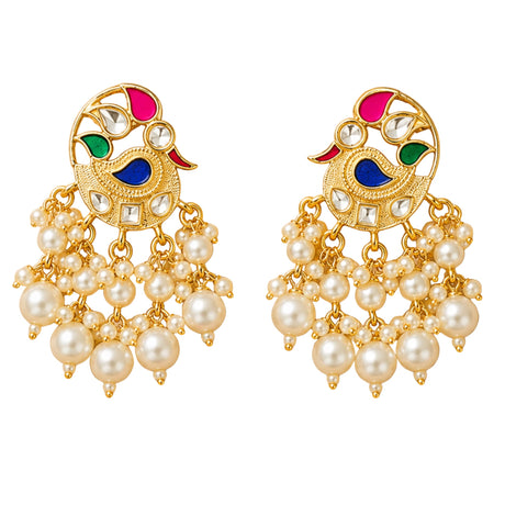 Indian peacock chandbali earrings in gold tone with pink green blue enamel clear stones and cream faux pearl strands