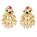 Indian peacock chandbali earrings in gold tone with pink green blue enamel clear stones and cream faux pearl strands