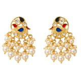 Indian peacock chandbali earrings in gold tone with red blue black enamel clear crystals and faux pearl strands for weddings