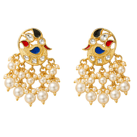 Indian peacock chandbali earrings in gold tone with red blue black enamel clear crystals and faux pearl strands for weddings