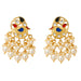 Indian peacock chandbali earrings in gold tone with red blue black enamel clear crystals and faux pearl strands for weddings