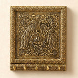 Decorative peacock design wall key holder with five hooks in golden handcrafted wood and aluminum for home decor