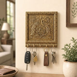 Golden ornate decorative peacock design wall key holder with 5 hooks made of wood and aluminum for home use