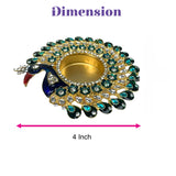 Peacock tealight candle holder with gold interior, blue and green enamel, rhinestones for Diwali pooja and home decor