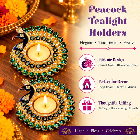 Gold and green peacock-themed tealight candle holder with rhinestones and pearl accents for diwali pooja and decor