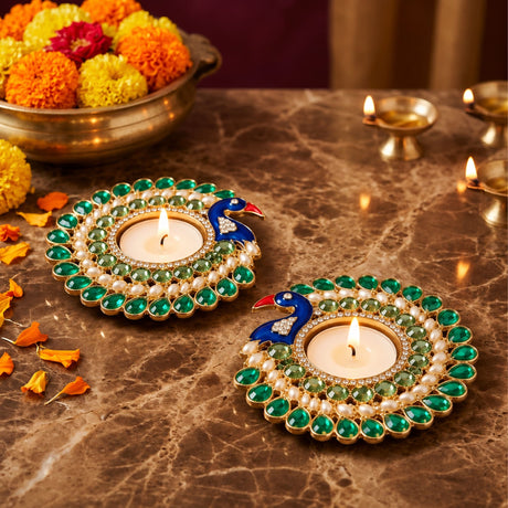 Elegant peacock tealight candle holder with emerald green and pearl stones blue painted head and gold accents for decor