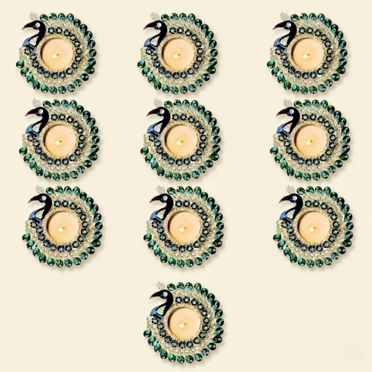 Set of nine ornate peacock tealight candle holders with black and blue heads and crystal-adorned green tails for decor