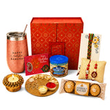 Copper-colored insulated tumbler with silver lid and happy raksha bandhan engraving in traditional gift hamper set