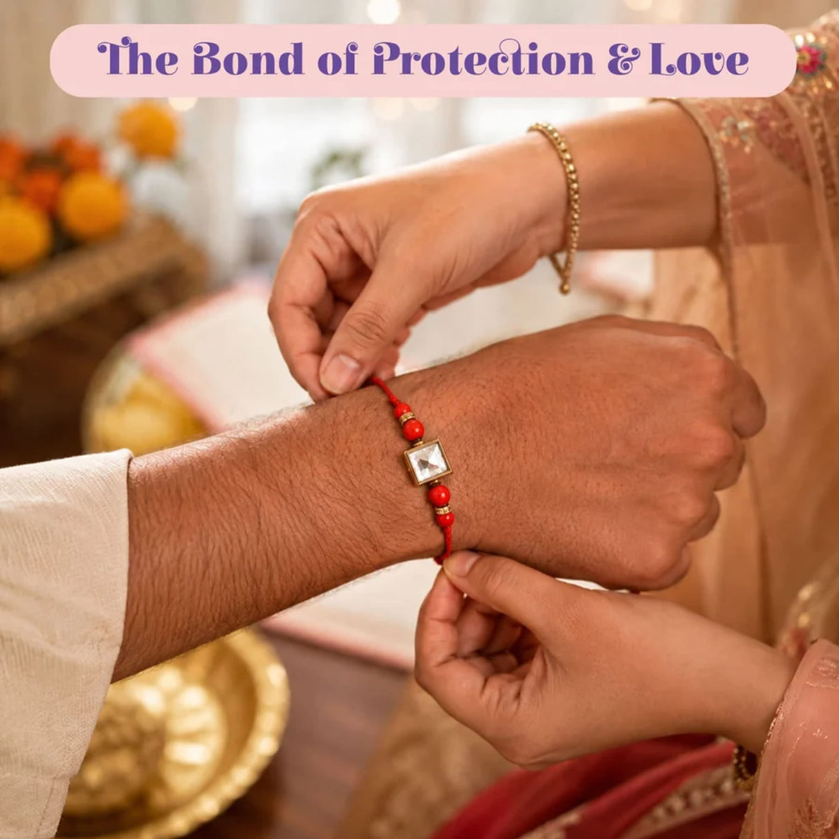 Red beaded rakhi with gold-toned square centerpiece and clear stone in raksha bandhan gift hamper set for brother and bhabhi
