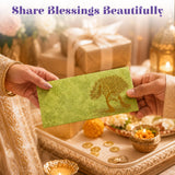 A green textured money envelope with gold leaf peacock tree design for Indian wedding cash gifts and savings