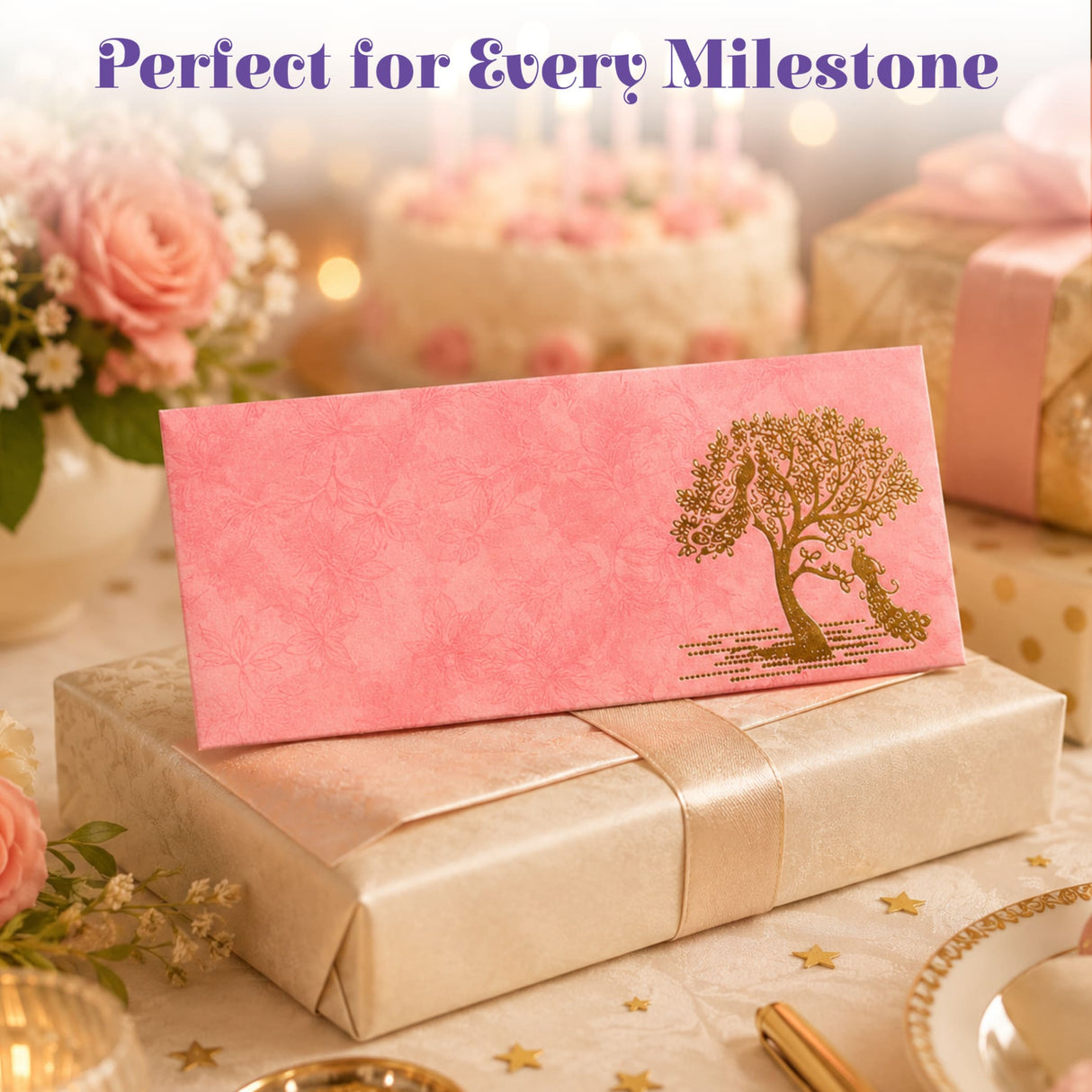 Pink textured money envelope with gold foil peacock tree design for indian wedding cash gift or home savings organizer