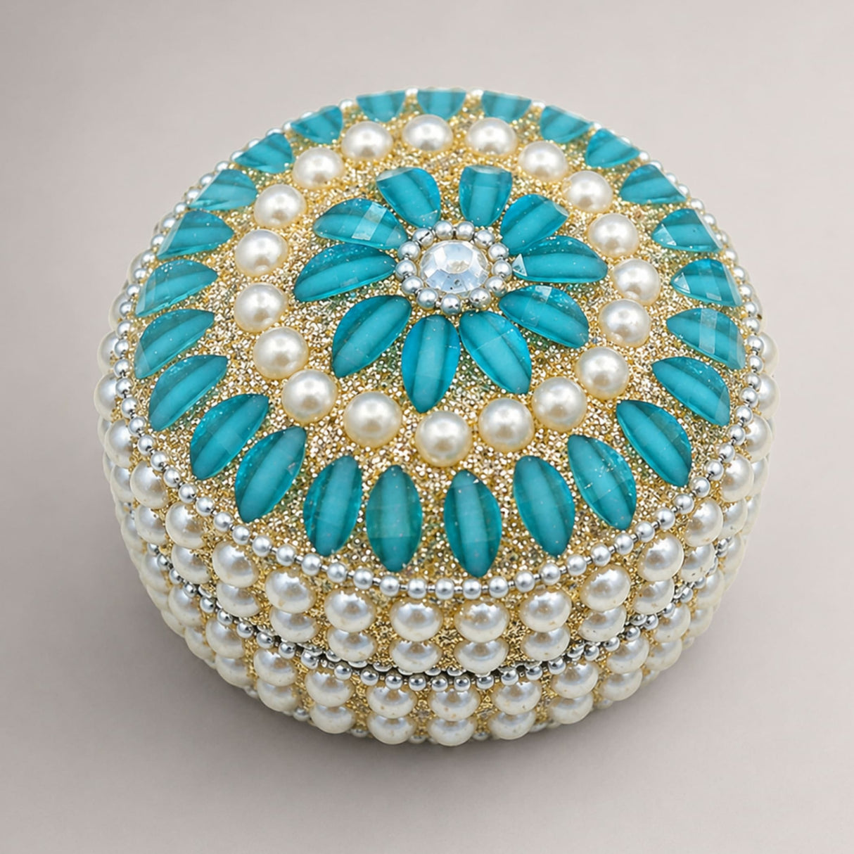 Pearl jewelry box for women with turquoise glass petals white pearls on gold glitter base ideal for festival gifts
