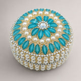 Pearl jewelry box for women with turquoise glass petals white pearls on gold glitter base ideal for festival gifts