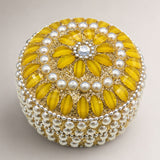 Pearl jewelry box for women with yellow faceted stones in sunflower pattern and white pearls for festive gifts and travel