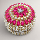 Pearl jewelry box for women with fuchsia gemstones floral design blue crystal and white pearls on gold travel case