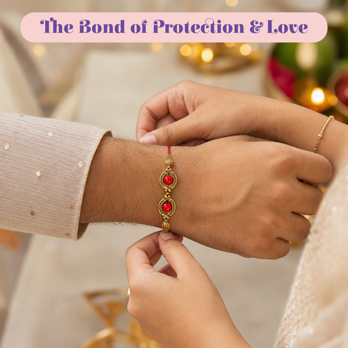 Designer pearl lumba rakhi bracelet set featuring a gold-colored rakhi with red gemstones and intricate filigree detailing