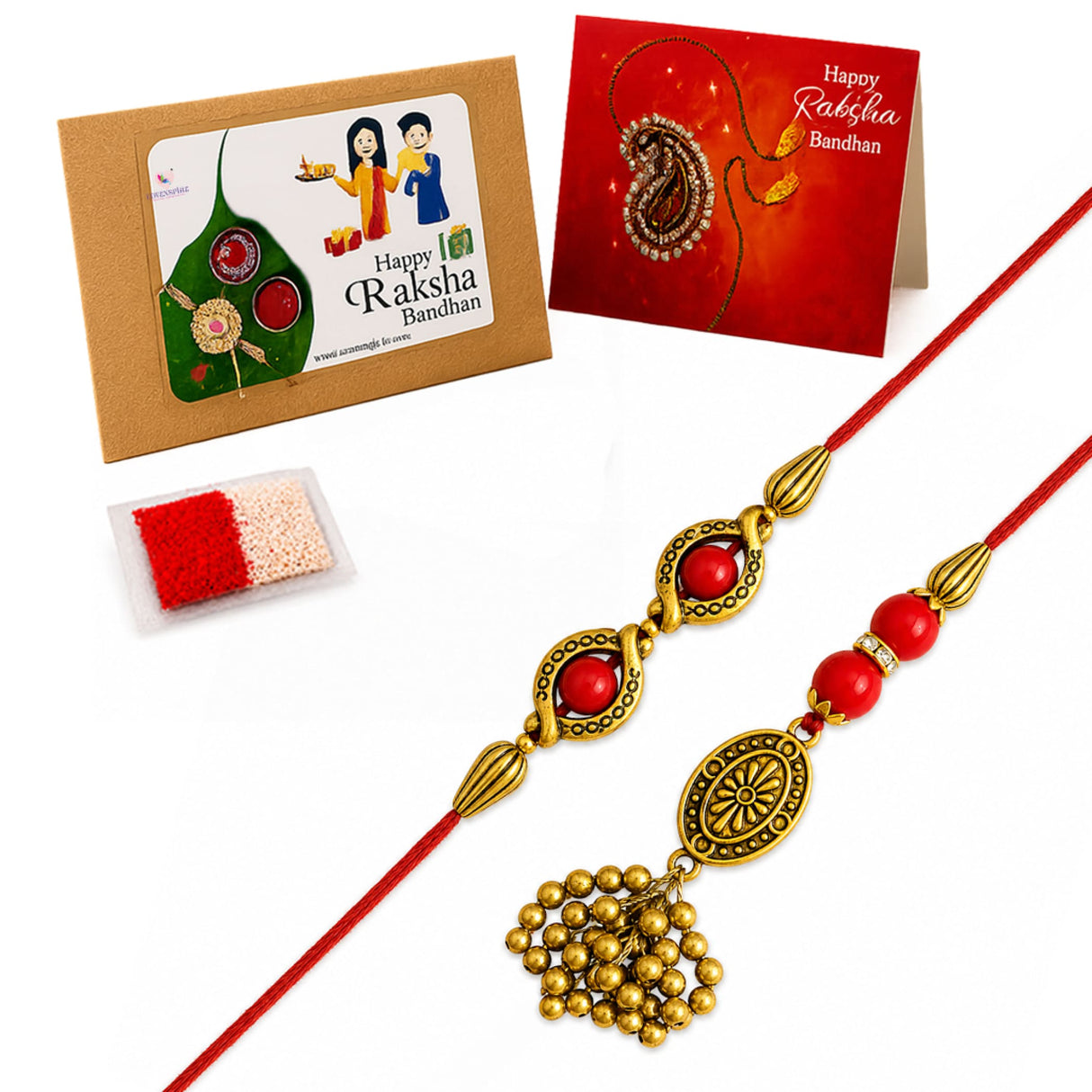 Gold-colored ornamental rakhi with red beads and gold bell cluster in designer pearl lumba rakhi bracelet set for bhai bhabhi