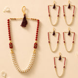Set of 6 red and white beaded artificial moti pearl mala with gold accents and tassels for wedding baraat and reception guests