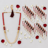 Set of 6 red and white beaded artificial moti pearl mala with gold accents and tassel pendant for wedding baraat and reception
