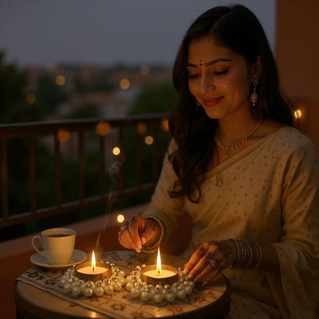 Golden teardrop-shaped candle holder with floral design and pearl accents for festive decor