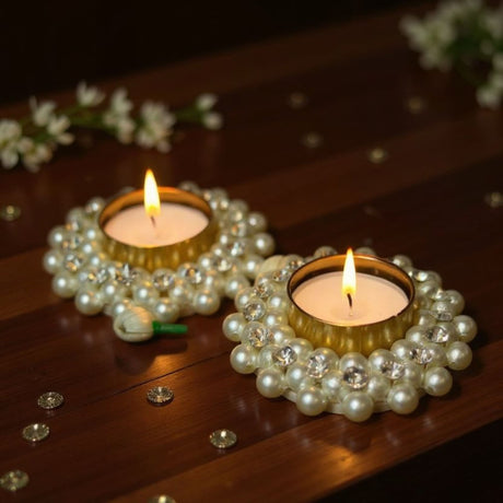 Pearl and crystal candle holder set for Diwali Thanksgiving Hanukkah Christmas decor
