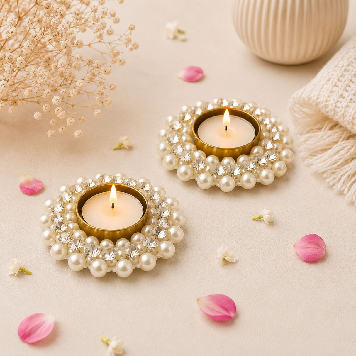 Elegant gold pearl and crystal tealight candle holders with lit candles for Diwali Thanksgiving Hanukkah Christmas decor