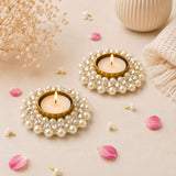 Elegant gold pearl and crystal tealight candle holders with lit candles for Diwali Thanksgiving Hanukkah Christmas decor