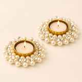 Pearl and crystal-adorned gold tealight candle holders ideal for diwali thanksgiving hanukkah christmas decor