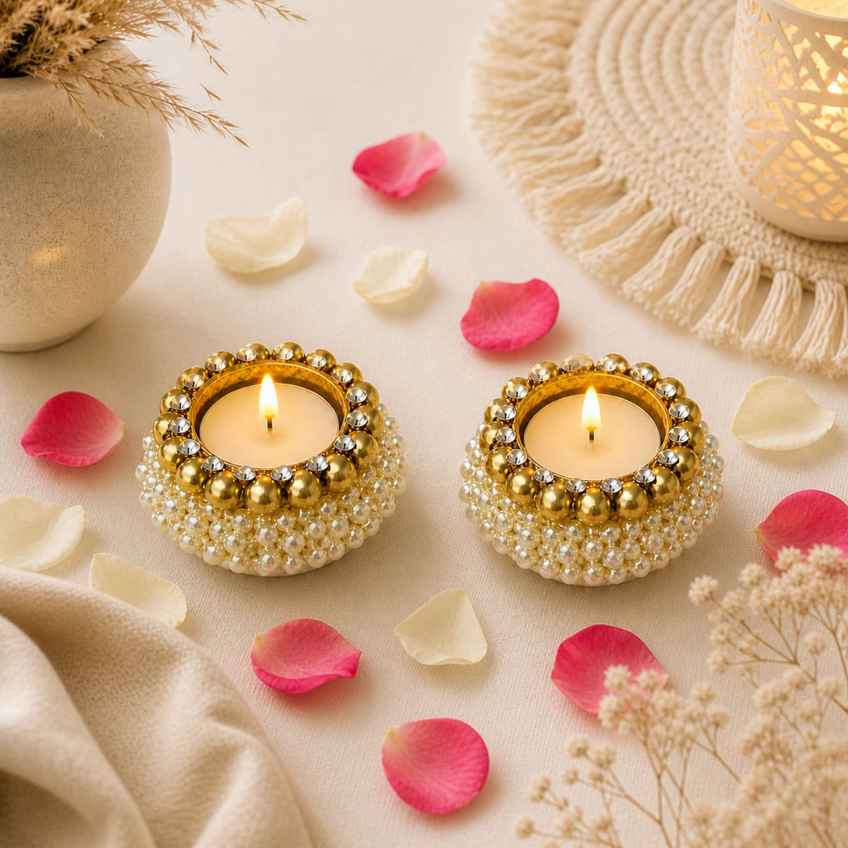 Gold and pearl adorned tealight candle holders with sparkling rhinestones for festive home decor and gifting