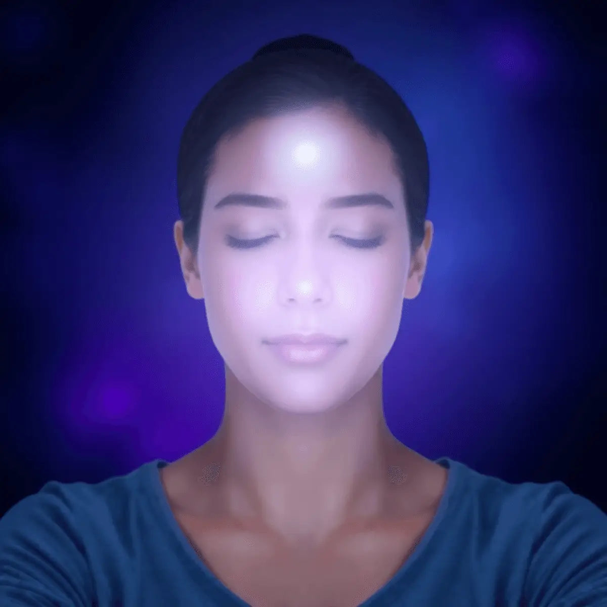 A serene person meditating with closed eyes, surrounded by a soft glow from the forehead, set against calming indigo and violet hues, symbolizing the Third Eye Chakra.