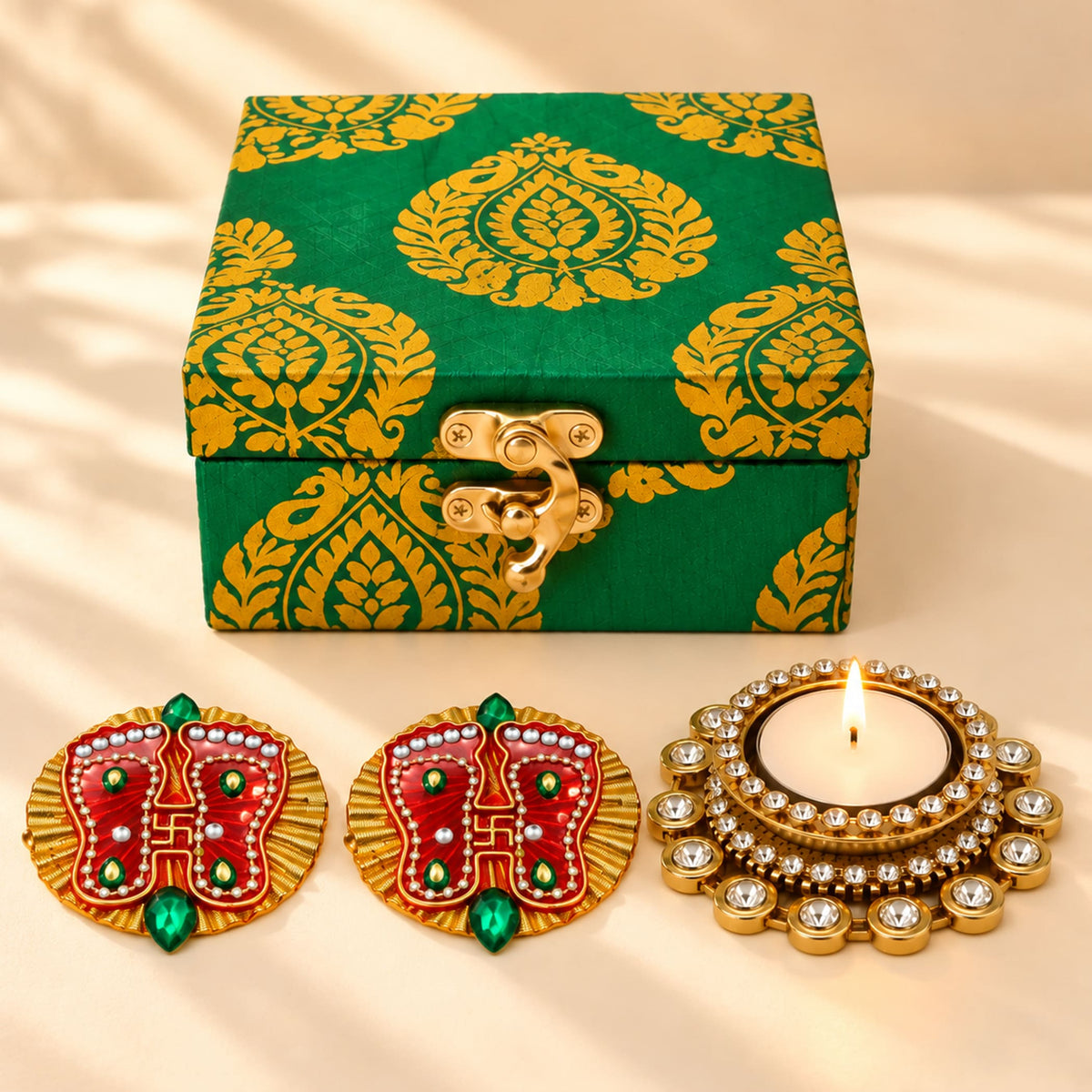 Green and gold patterned handmade personalized candle holder gift box with golden clasp for diwali and home decor