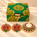 Green and gold patterned handmade personalized candle holder gift box with golden clasp for diwali and home decor