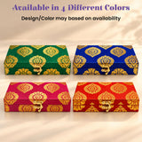 Personalized candle holder diwali gift boxes in green blue pink and red with gold damask patterns and clasps for home decor