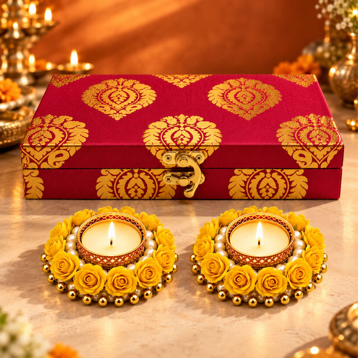 Red and gold patterned handmade decorative candle holder box with ornate clasp for diwali and home decoration gifts