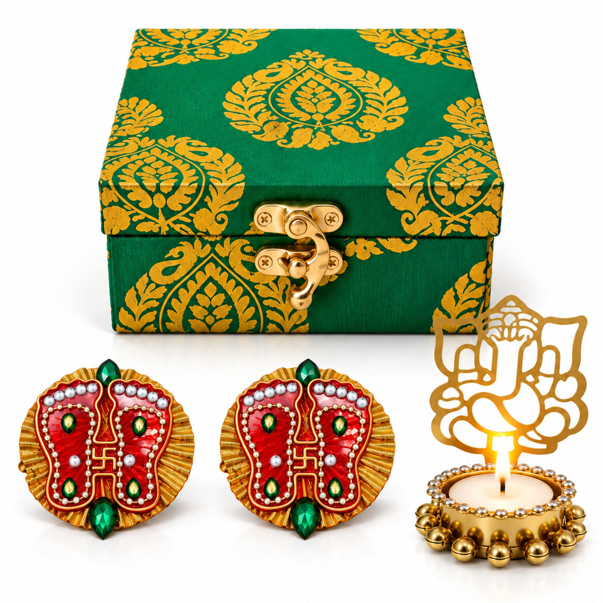 Green and gold patterned handmade candle holder gift box with golden clasp for diwali and home decoration
