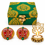 Green and gold patterned handmade candle holder gift box with golden clasp for diwali and home decoration