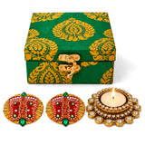 Green and gold patterned handmade candle holder gift box with golden clasp for diwali and home decoration