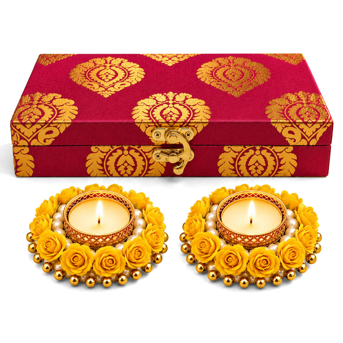 Red and gold patterned handmade candle holder box with ornate clasp ideal for diwali gifts and home decoration