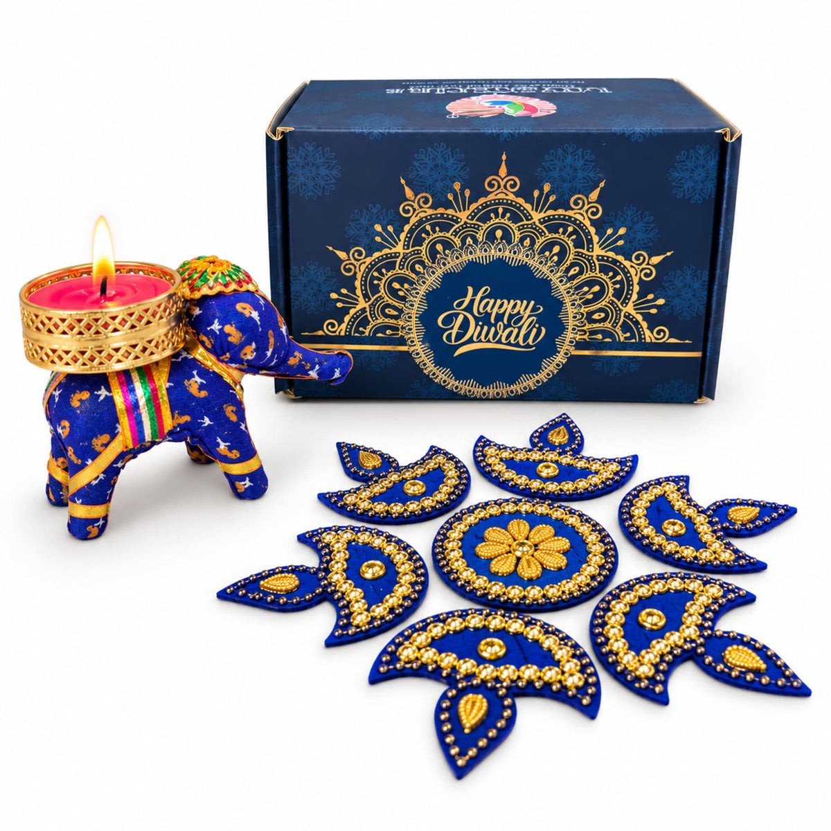 Blue elephant-shaped candle holder with gold accents and lit red candle for personalized Diwali and corporate gifting