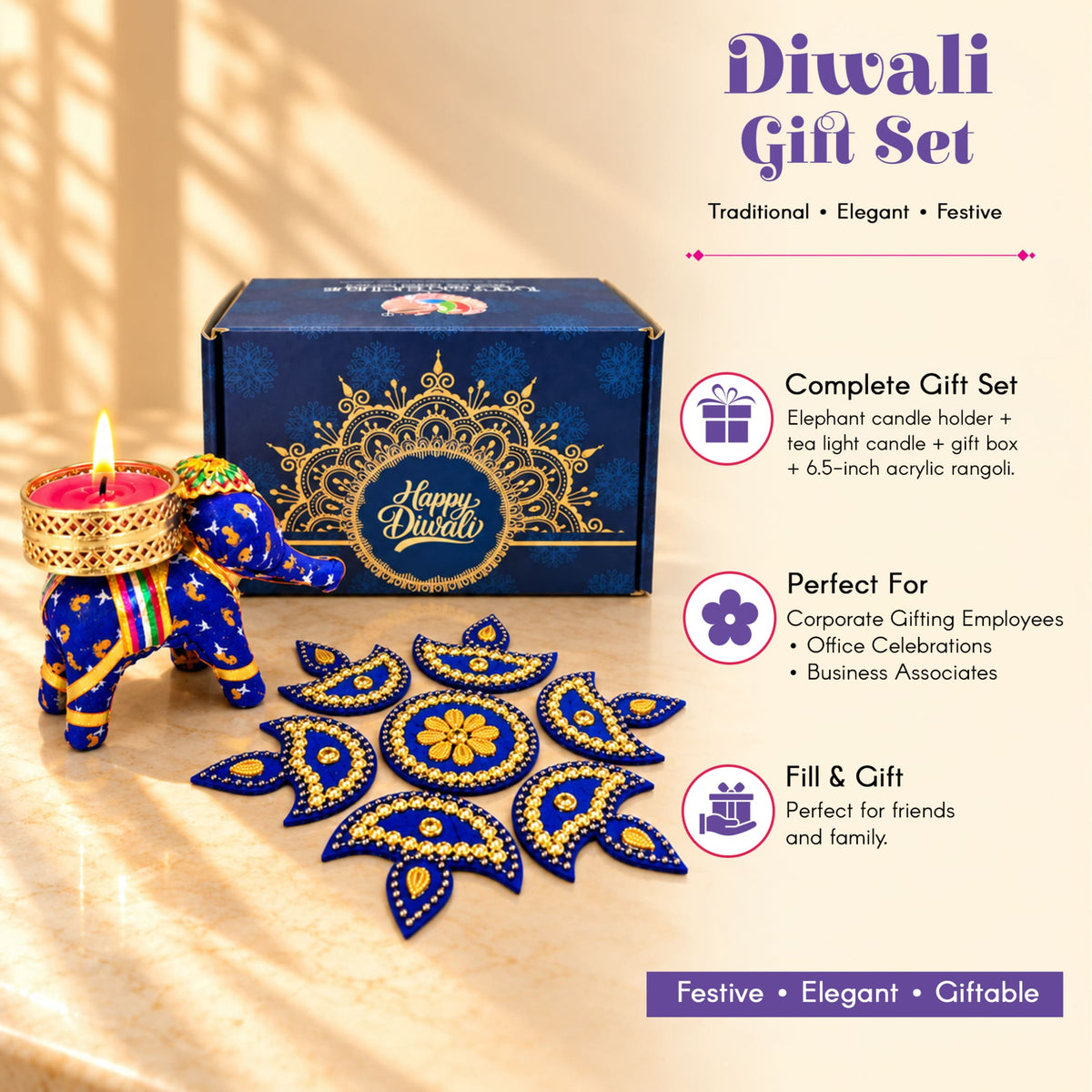 Blue elephant-shaped tea light candle holder with gold accents and rainbow sash in personalized Diwali gift box hamper