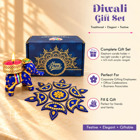 Blue elephant-shaped tea light candle holder with gold accents and rainbow sash in personalized Diwali gift box hamper