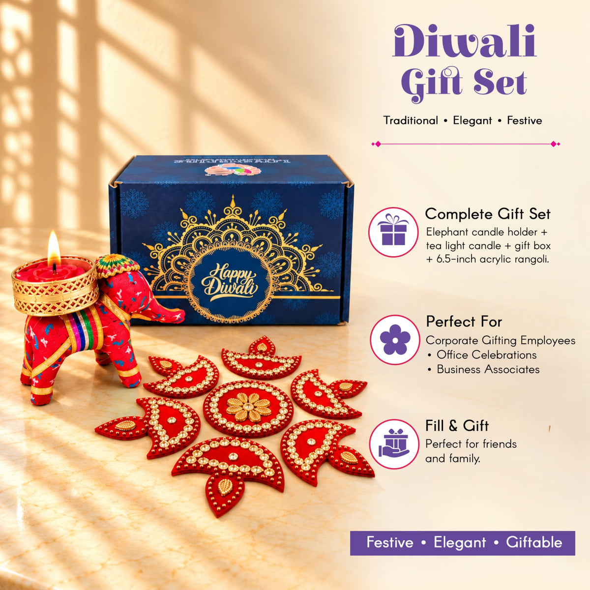 Red and gold decorative elephant candle holder with intricate patterns for personalized diwali and corporate gifting baskets