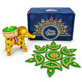 Vibrant yellow elephant-shaped candle holder with intricate floral embroidery and gold-toned latticed base for diwali gifting