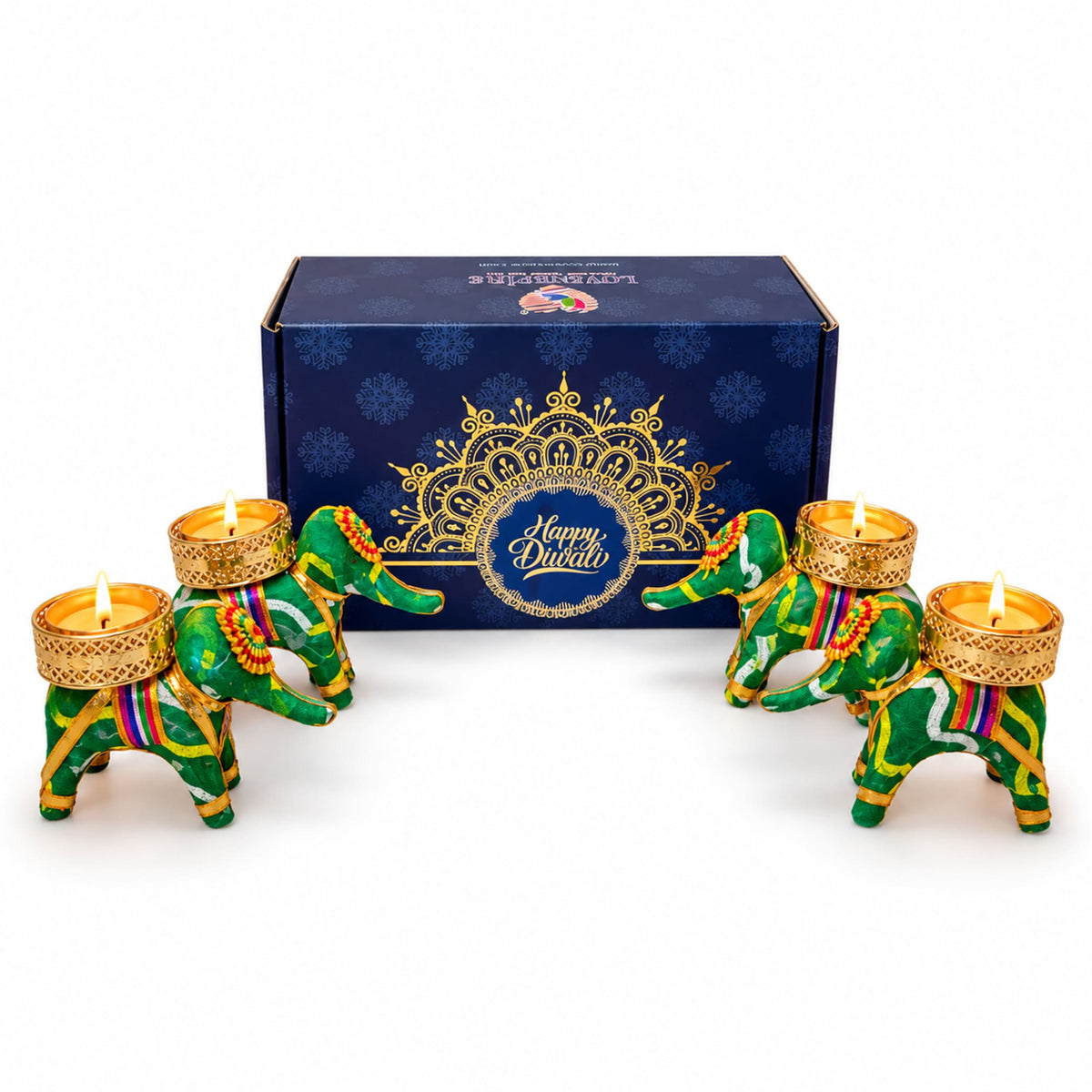 Green and gold elephant-shaped tealight candle holders with intricate patterns in personalized diwali gifts hamper set