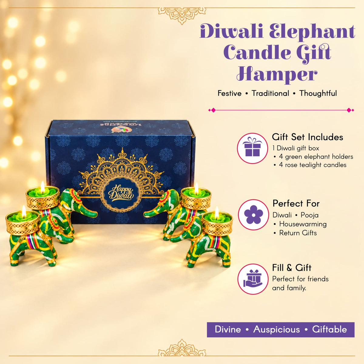 Green and gold elephant-shaped tealight candle holders with intricate patterns in a personalized Diwali gifts hamper set