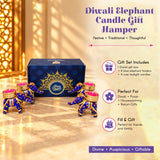 Blue elephant-shaped tealight candle holders with gold accents and pink candles for personalized diwali gifts hamper set