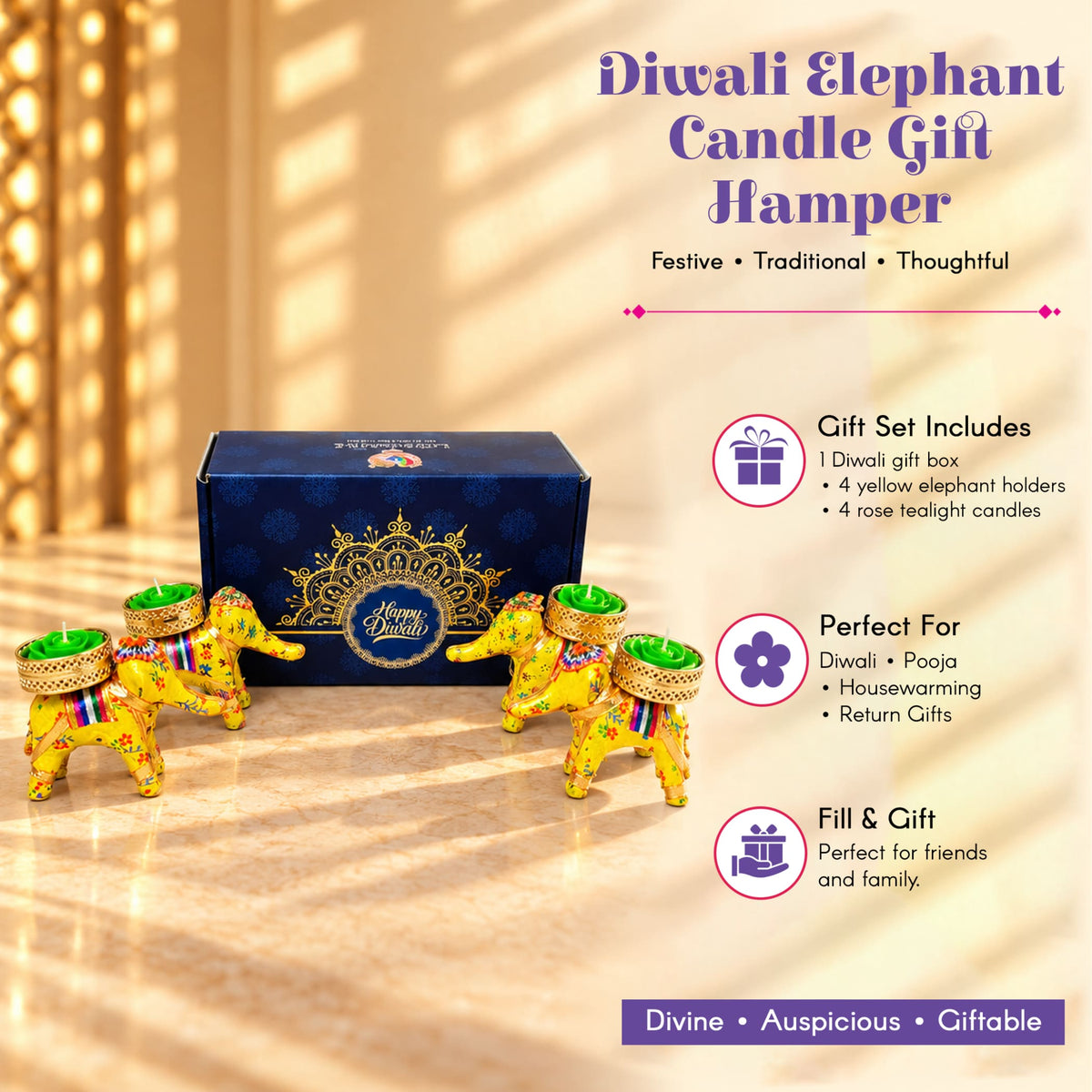 Yellow elephant-shaped tealight candle holders with intricate floral patterns and colorful sashes for Diwali gifts