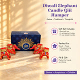 Red and gold diwali elephant tealight candle holders with intricate designs in a personalized festival gift hamper set