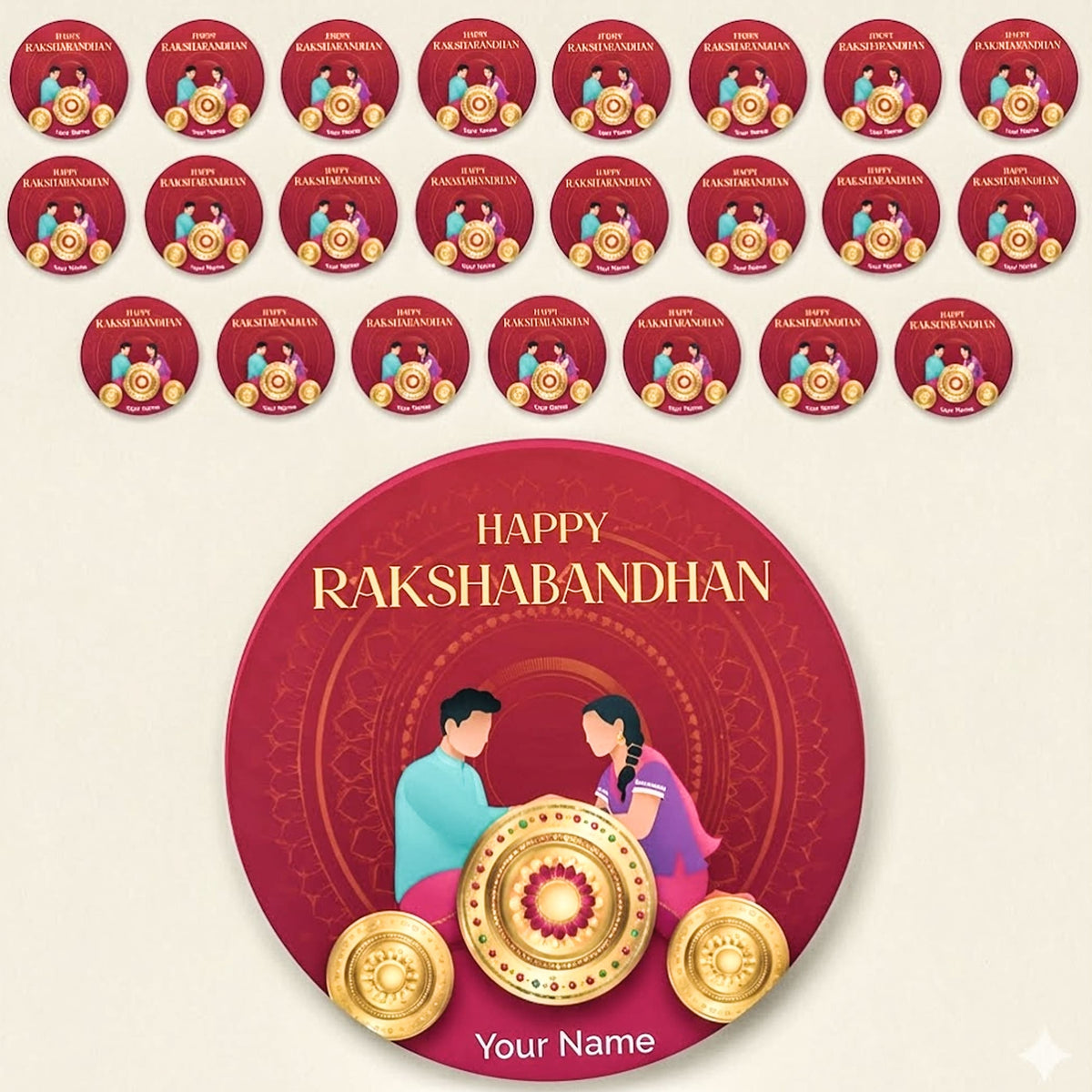 Red circular raksha bandhan greeting card with illustrated traditional figures and golden decorative elements for festive gifts
